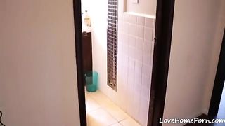 Getting out of the shower and giving a blowjob