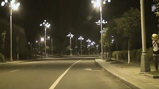 handcuffed maid walking in town looking for her heels